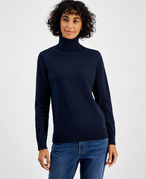 Women's Cotton Solid Button Cuff Turtleneck Sweater