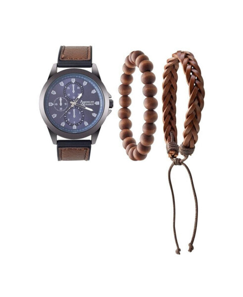 Men's Quartz Movement Brown Leather Analog Watch, 47mm and Stackable Bracelet Set with Zippered Pouch