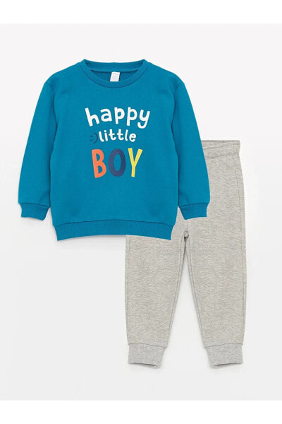 LCW baby Bisiklet Yaka Uzun Baskılı Erkek Bebek Sweatshirt ve Pantolon 2'li Takım