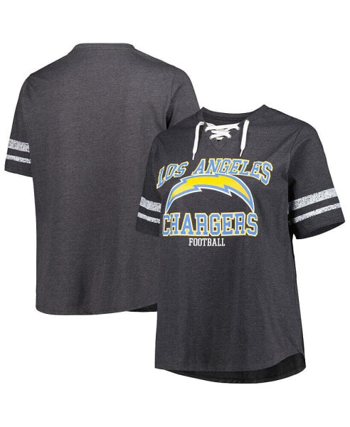 Women's Heather Charcoal Los Angeles Chargers Plus Size Lace-Up V-Neck T-shirt