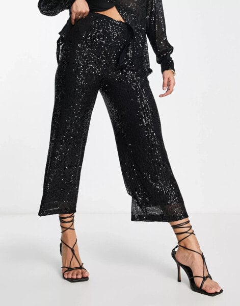 Vila sequin wide leg co-ord trousers in black