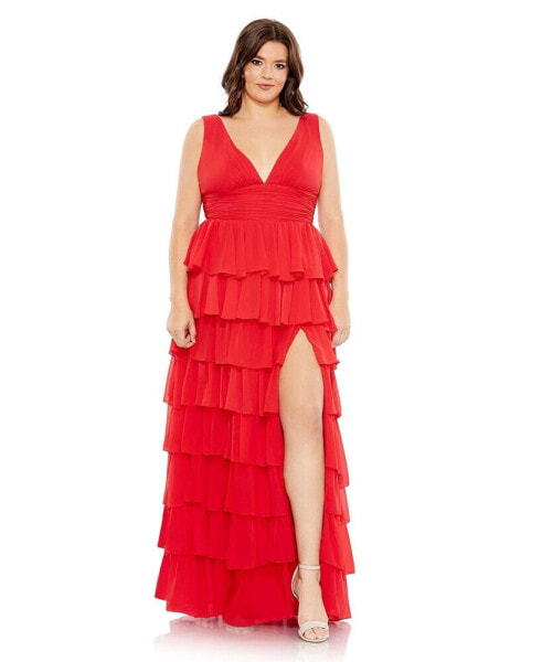 Women's Plus Size Ruffle Tiered Sleeveless V Neck Gown