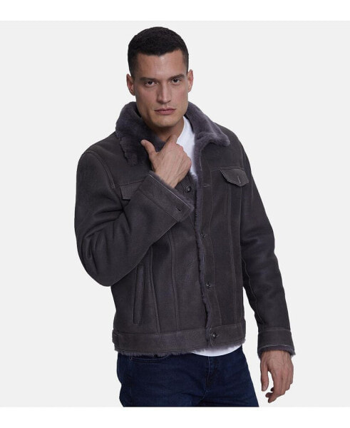 Men's Suede Casual Jacket, Washed Anthracite With Anthracite Wool