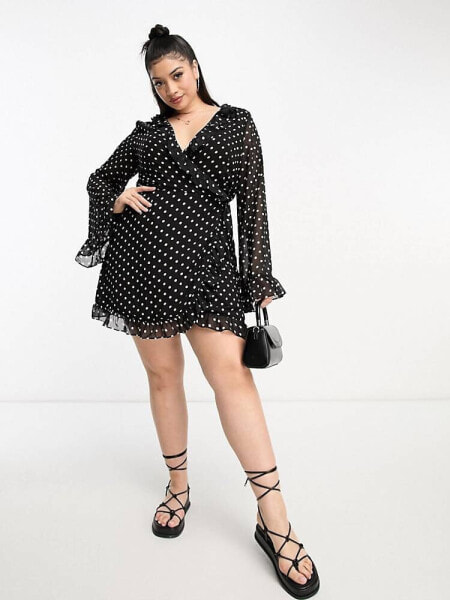 In The Style Plus x Georgia Louise volume sleeve ruffle detail mini dress in black polka dot