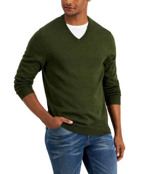 Men's Solid V-Neck Merino Wool Blend Sweater, Created for Macy's