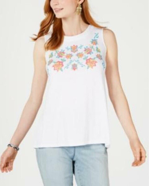 Style & Co Women's Petite Sleeveless Embroidered Swing Tank Top White Multi PXL