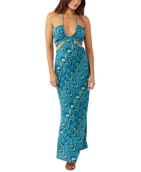 Juniors' Lila Printed Cutout Halter Maxi Dress