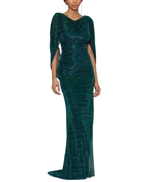 Petite Metallic-Knit Draped Gown