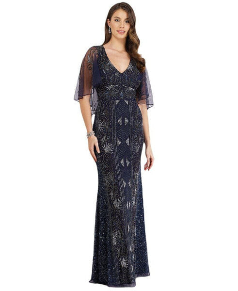 Women's Cape Sleeve Beaded Gown