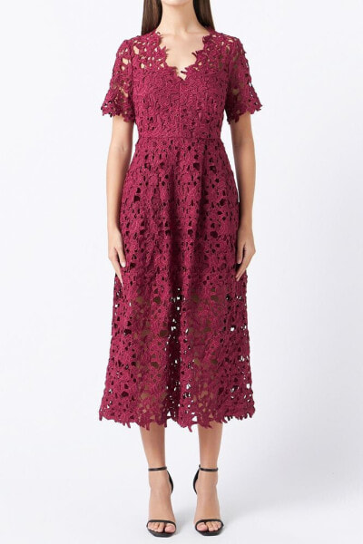 Women's All Over Lace Short Sleeves Midi Dress