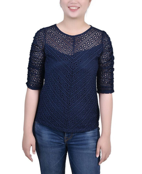 Petite Rouched Sleeve Lace Top