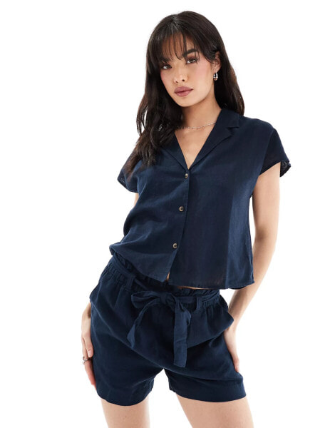 JDY short sleeve linen shirt co-ord in navy