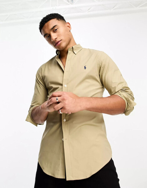 Polo Ralph Lauren icon logo slim fit cotton stretch poplin shirt in tan