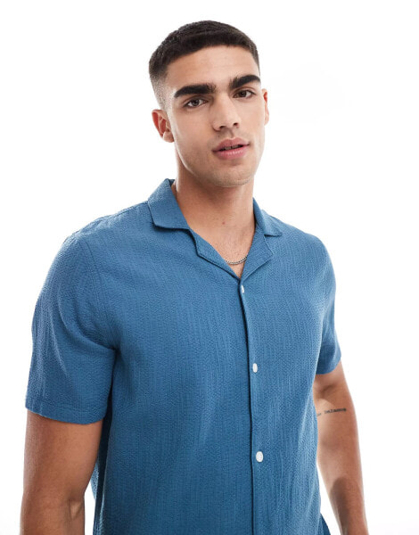 Hollister short sleeve revere collar texture shirt boxy fit in mid blue