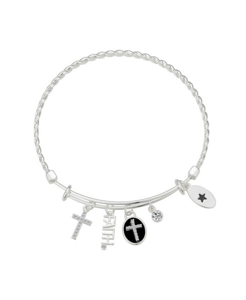 Silver-Plated Cross "Faith" Multi Charm Twist Design Bangle Bracelet