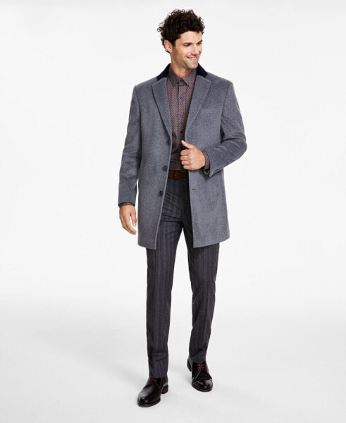 Men Wool Blend Overcoats with Contrast Velvet Top Collar