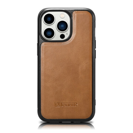 Чехол для iPhone 14 Pro Max ICARER Leather Oil Wax из натуральной кожи, светло-коричневый