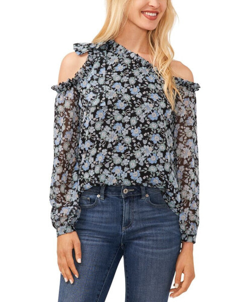 Women's Long Sleeve Cold-Shoulder Bow Floral-Print Blouse