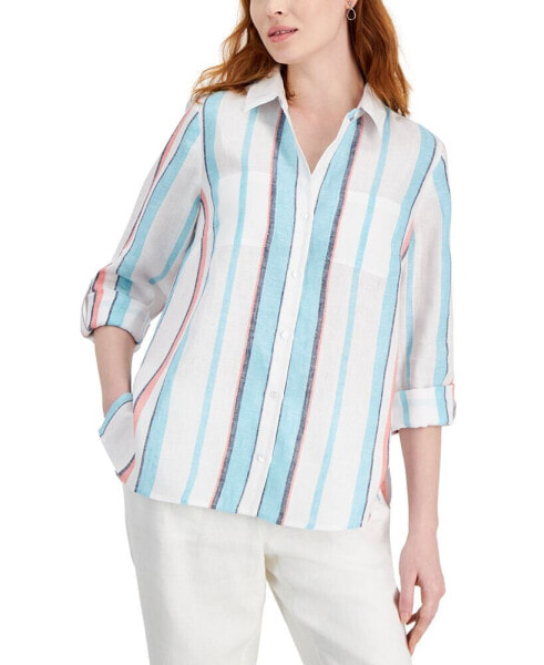 Блузка с рукавами на завязках Charter Club женская из льна с полосками Hampton, создана для Macy's