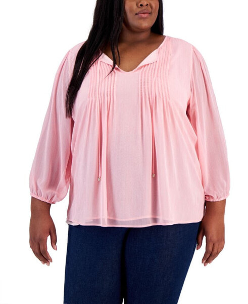 Plus Size Striped Pintuck Tie-Neck Blouse