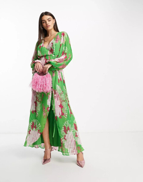 ASOS DESIGN – Maxikleid mit Blumenprint in Grün, Wickeldetail und Ballonärmeln