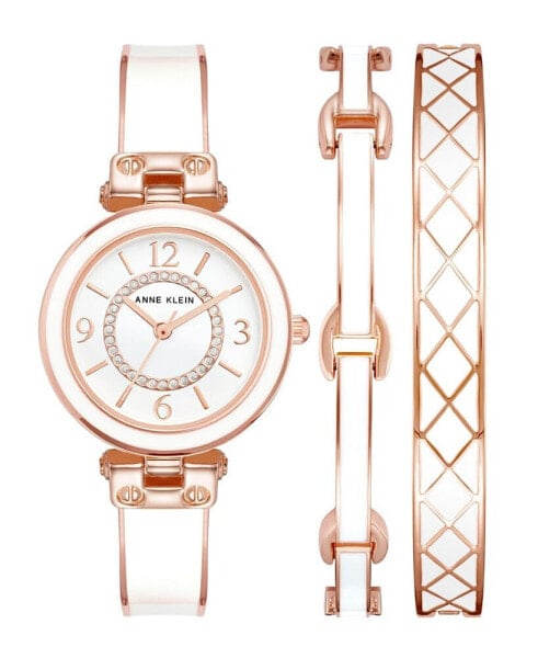 Women's Rose Gold-Tone Alloy Bangle with White Enamel and Crystal Accents Fashion Watch 33mm Set 3 Pieces