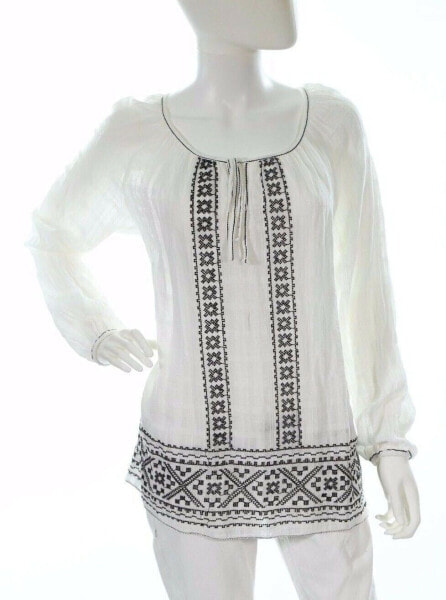 Max Studio Womens White Black Tunic Embroidered Long Sleeve Blouse Size Large