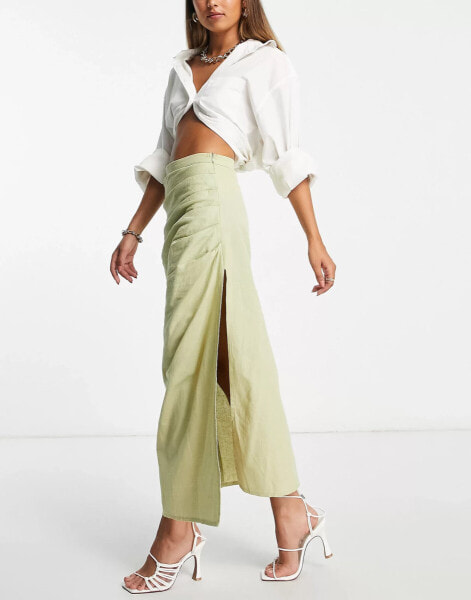 Pretty Lavish midi skirt co-ord with leg split in olive