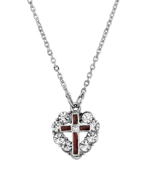 Pewter Red Enamel Cross Crystal Heart Necklace