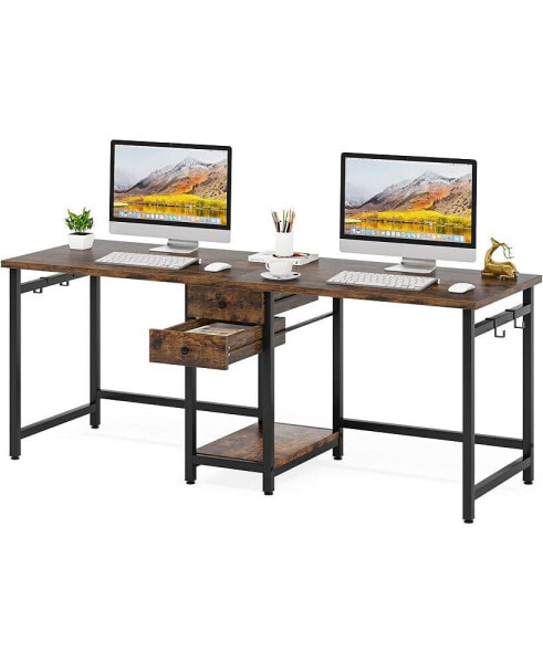 79 Inch Extra Long Desk, Double Desk with 2 Drawers, Two Person Desk Long Computer Desk with Storage Shelves, Writing Table Study Desk for Home Office, Rustic Brown