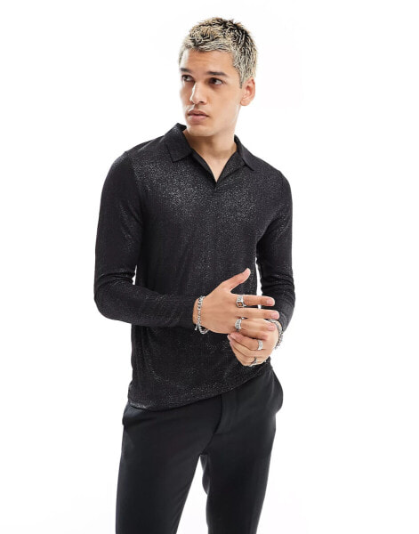 ASOS DESIGN muscle long sleeve polo in black glitter rib with revere collar