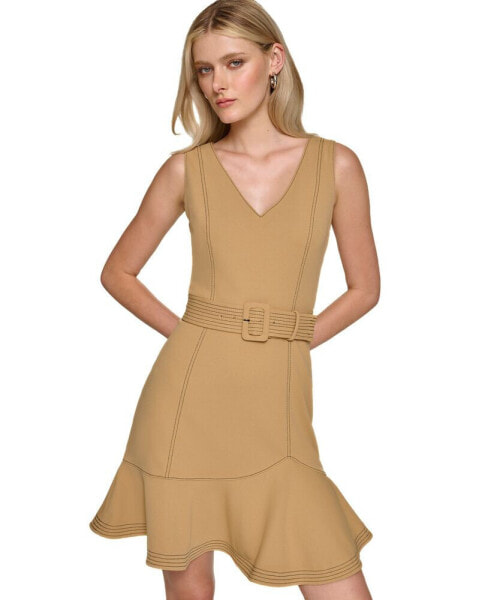 Women's Belted Scuba Crepe Dress