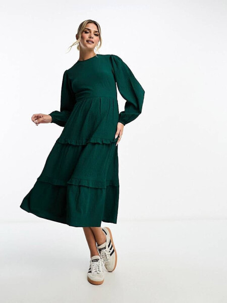 Wednesday's Girl tiered midi smock dress in textured forest green
