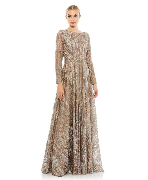 Women's Sequin Long Sleeve Bateau A Line Gown