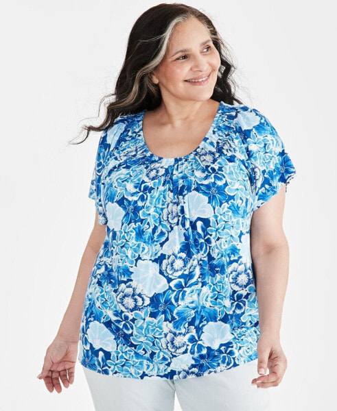Plus Size Printed Pleat-Neck Flutter-Sleeve Top, Created for Macy's