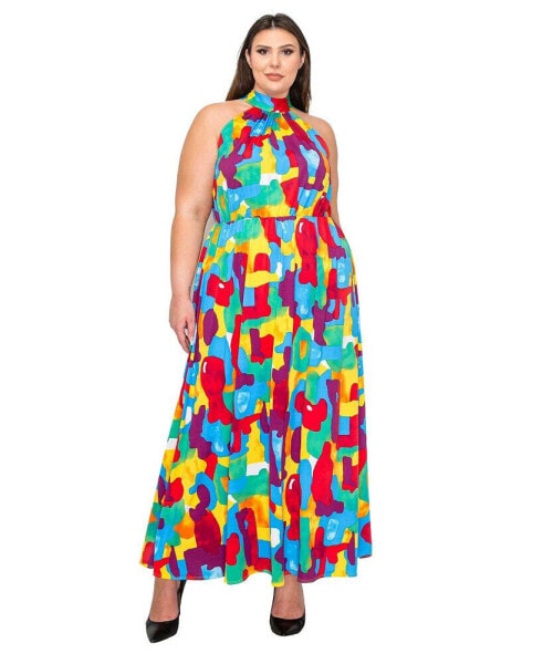 Plus Size Arroyo Halter Neck Maxi Dress in Abstract Print