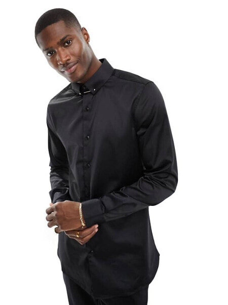 ASOS DESIGN slim sateen shirt with collar bar in black