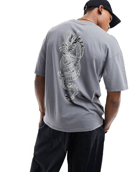 Jack & Jones washed oversized t-shirt with dragon back print in grey