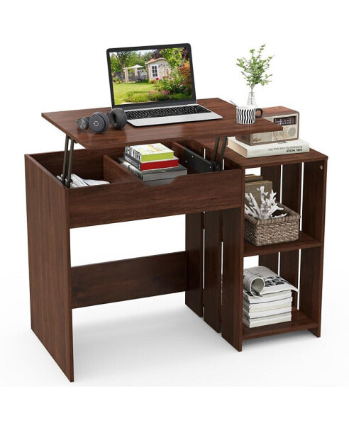 Lift Top Computer Desk Standing Desk with Hidden Compartments & Storage Shelves