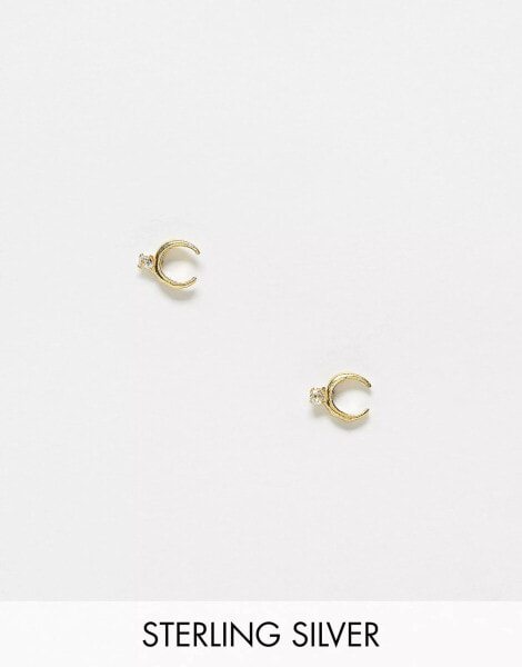 Kingsley Ryan gold plated crescent stud earrings with crystal in gold