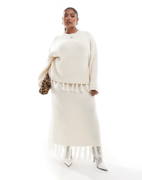 4th & Reckless Plus wool mix tassel edge knitted maxi skirt co-ord in cream