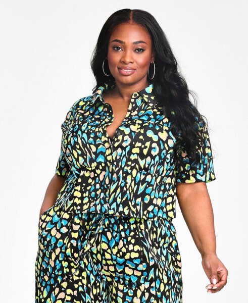 Trendy Plus Size Cropped Printed Satin Shirt