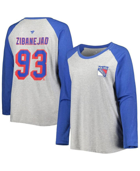 Women's Mika Zibanejad Heather Gray, Heather Blue New York Rangers Plus Size Name and Number Raglan Long Sleeve T-shirt