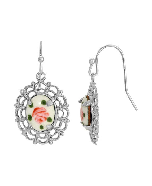 Glass Flower Decal Oval Drop Earrings