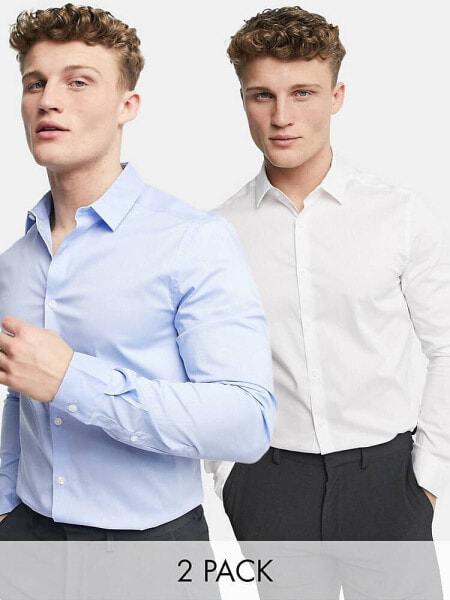 ASOS DESIGN 2 pack stretch slim fit work shirt in white / blue save