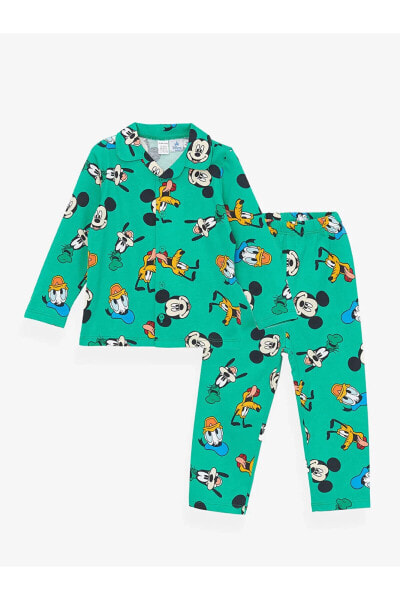 Polo Yaka Uzun Kollu Mickey Mouse Baskılı Erkek Bebek Pijama Takım