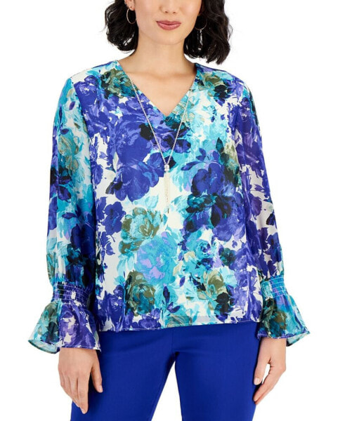 Plus Size Caludette Rose Smocked-Sleeve Necklace Top, Created for Macy's