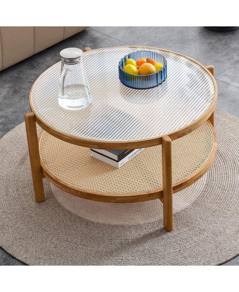 Столик для чая двухслойный круглый с простым дизайном Simplie Fun с раттановой оплеткой и массивным деревом, столик боковой маленький