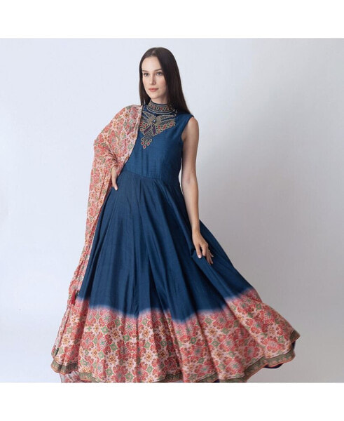 Women's Blue Anarkali Suit with Hand Embroidery on the Torso and Patola Print on the Hem