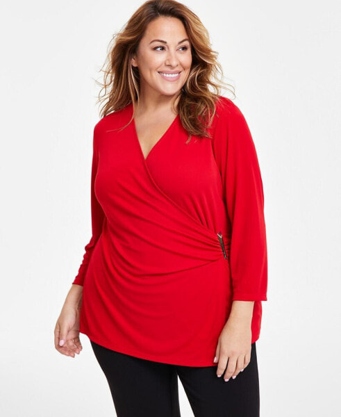 Plus Size Side-Ruched Hardware-Trim Top